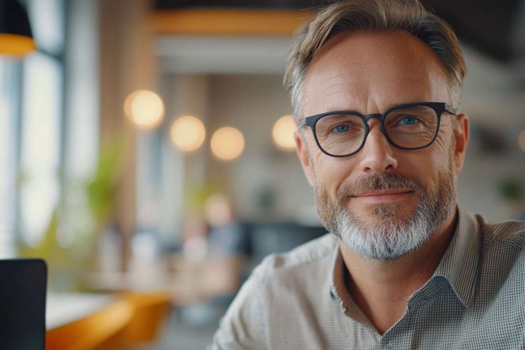 En leder ser lurt inn i kamera etter å ha brukt AI-tips for å styrke sin bedrift.