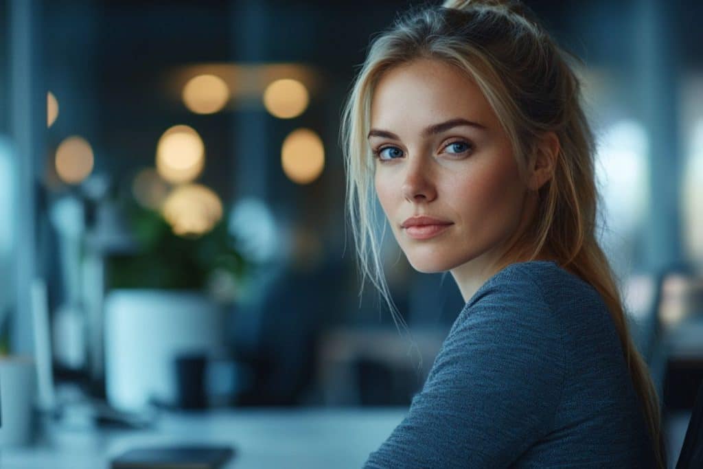En jente sitter foran en PC i et moderne kontor og utvikler AI-innovasjon og lederrollen i sitt SMB.