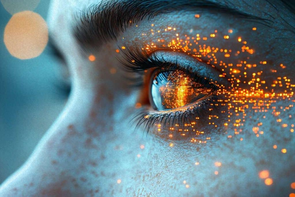 Et øye som er infisert av digitale signaler — et bilde på hvordan bruk av kunstig intelligens påvirker hjernen og kognitive funksjoner.
