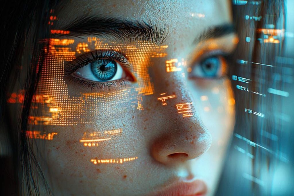 Nærbilde av en ansatt som ser AI i arbeidslivet på nært hold, digitale signaler reflekteres i ansiktet.