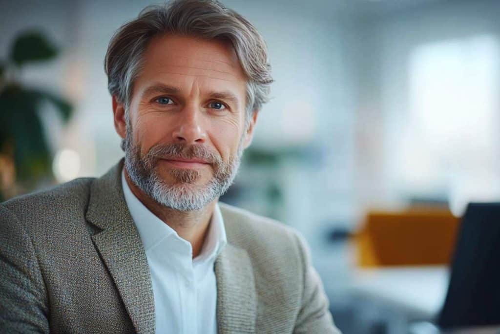En styreleder ser inn i kamera: et bilde på forankring av AI i ledergruppen for effektivisert AI-pilot.