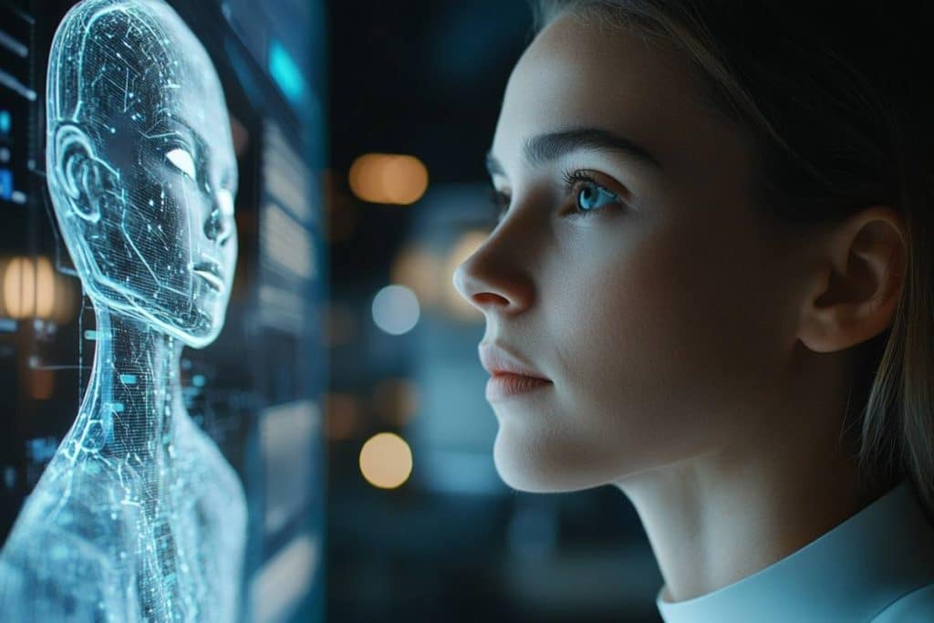 En jente ser på an AI-agent på en skjerm—et bilde på AI og kundelojalitet i moderne bedrifter.