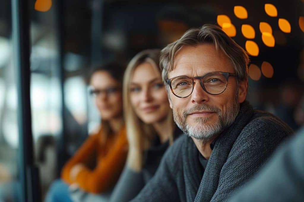 Et team ser inn i kamera mens en AI-policy blir forklart off-camera.