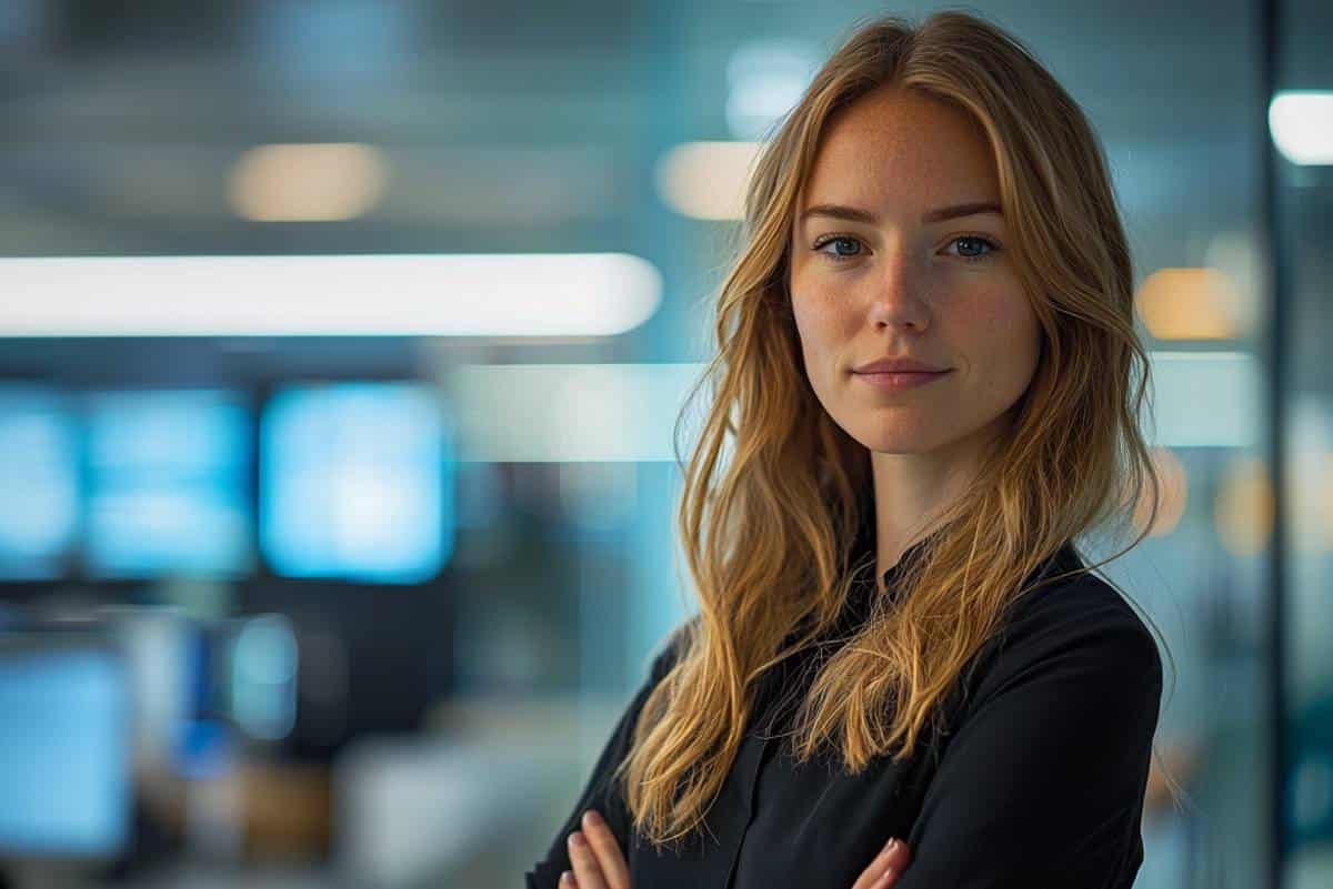 En mellomleder i en IT-bedrift står med autoritet i sitt kontor etter å ha lansert en AI-policy som styrker vekst.