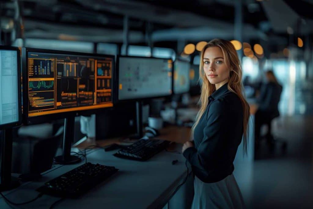 En ansatt i et digtialbyrå står ved sin pc med en AI-policy i effekt for alt som gjøres.