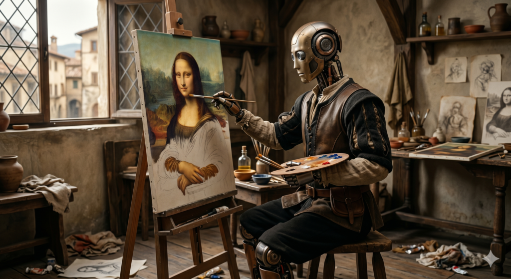 Robot maler Mona Lisa i et renessanseatelier, brukt som illustrasjon til AI, kunst og kreativitet.