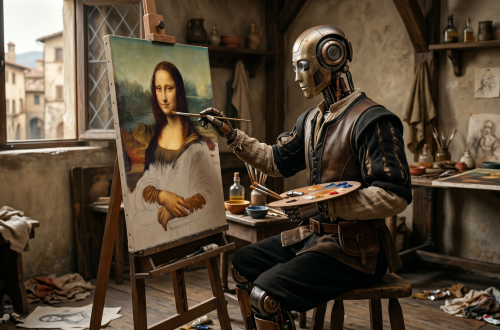 Robot maler Mona Lisa i et renessanseatelier, brukt som illustrasjon til AI, kunst og kreativitet.