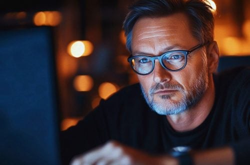 En middelaldrende mann ser på en pc-skjerm - et bilde på KI-drevet ledelse og beslutningstaking.