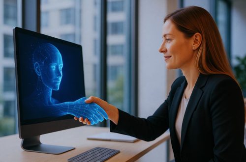 En leder håndhilser på en utstrakt blå hånd fra sin dataskjerm. Et bilde på strategisk ledelse med AI-drevet innsikt.